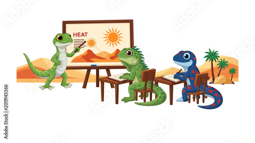 Konstfotografi Lizard in Class: A captivating illustration that showcases three adorable lizards engrossed in a lesson about the sun, demonstrating a playful approach to learning