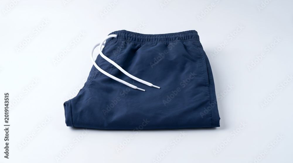 Fototapeta premium Folded Navy Blue Swim Trunks with White Drawstrings on White Background
