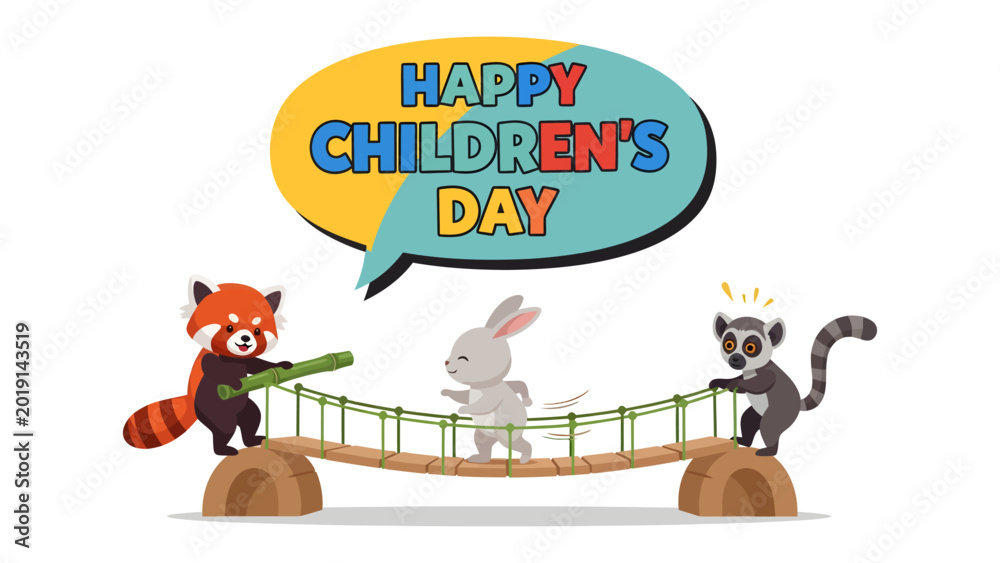 Fototapeta premium Children's Day: Delightful cartoon characters celebrate Children's Day in a vibrant, heartwarming scene. Playful animal characters engage in playful activity.