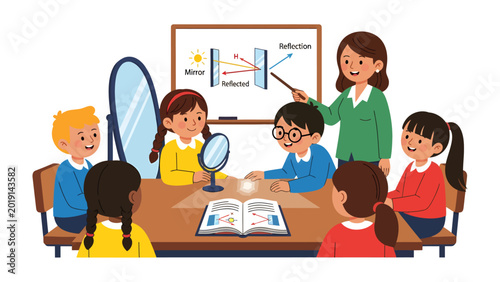 Foto Science of Reflection: A teacher explaining the concept of reflection to a group of eager students in a classroom, with diagrams and mirrors illustrating the principles