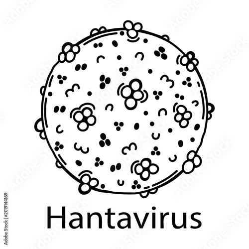 Hantavirus vector illustration. Black and white structure of a contagious virus. Spherical virion with a lipid membrane. Orthohantavirus sketch, symbol of a pandemic. Clipart for science, medicine