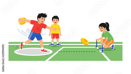 Fotografie Young Discus Throwers in Action: Dynamic illustration showcasing children engaged in a discus throwing competition, emphasizing the grace and athleticism of the sport