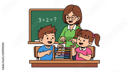 Принти на полотні Classroom Learning: A warm classroom scene, a teacher guides two young students in a basic math lesson using an abacus