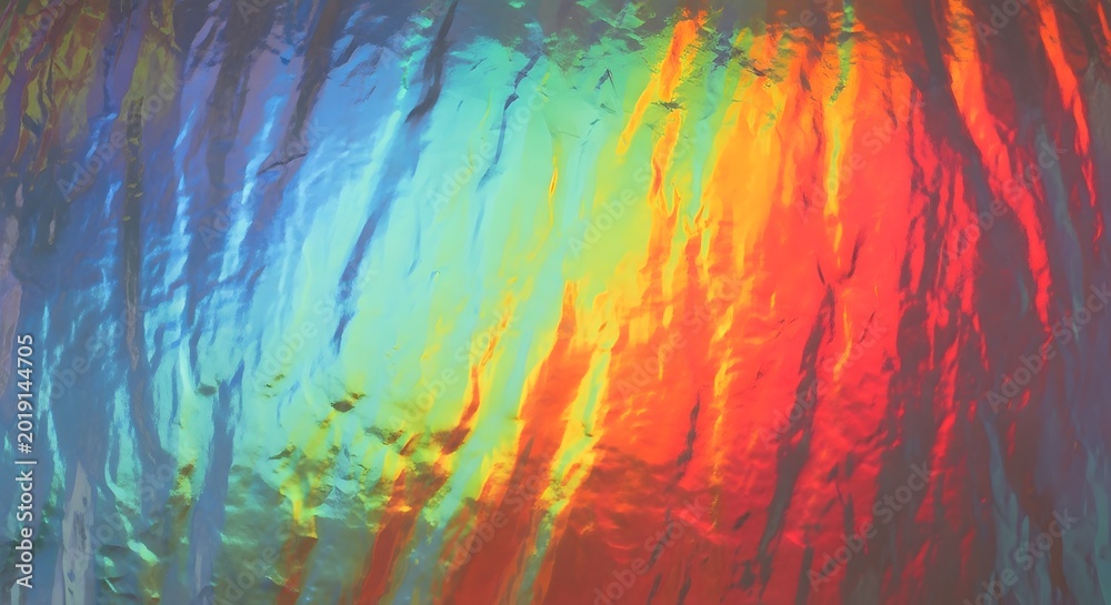 Fototapeta premium Rainbow light on textured ice wall, colorful frozen cave surface