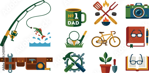 Fathers Day Hobby Vector Icon Set with Fishing Rod BBQ Tools Camera Golf and Bicycle