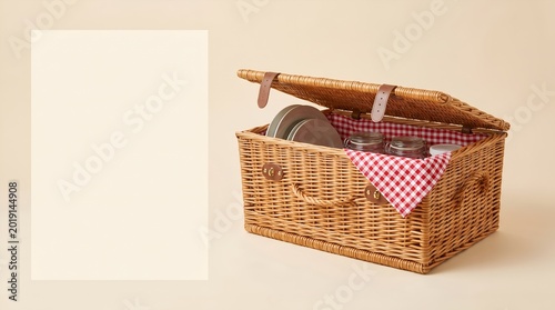 Open Wicker Picnic Basket with Dishes and Red Checkered Cloth