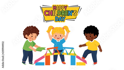 Canvas-taulu Happy Children's Day: A vibrant illustration celebrating the joy and innocence of childhood, with children constructing a playful bridge