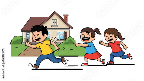 Tableau sur toile Joyful Pursuit in the Neighborhood: Young children embark on a playful chase, their laughter echoing through the idyllic neighborhood as they frolic near a charming residential home