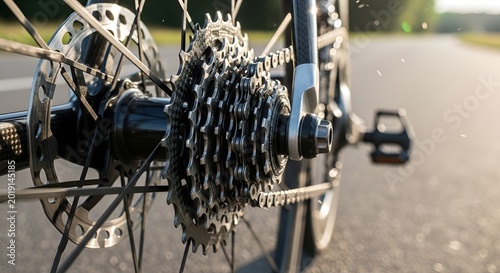 Close-up of bicycle rear derailleur and cassette gears on road, cycling detail