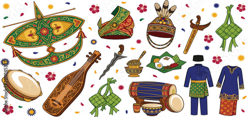 Foto Traditional Malaysian Cultural Heritage Vector Set with Wau Kite Keris Dagger Ba