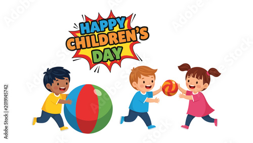 Obraz na plátne Children's Day: A vibrant illustration celebrates Children's Day with three playful children