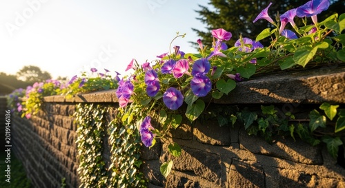 beautiful purple flowers on a stone wall