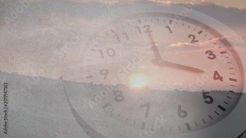 Sun rising starting animation, transparent clock over hill, hands rotating clockwise showing time