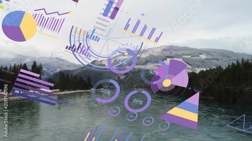 River valley being shown with infographics floating, stacking on data update, showing percentages