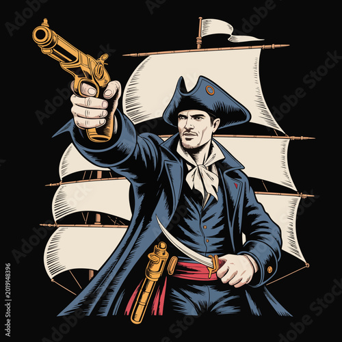 Photography Pirate man in blue coat pointing gun.
