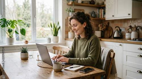 Home Workspace Harmony: A woman immersed in work, illuminated by natural light, her laptop, coffee mug, and greenery creating a cozy and productive environment.