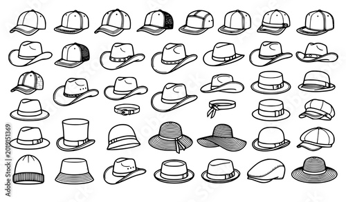 Tableau sur toile Trendy hat outline vector bundle with fashion cap and headwear line icon set