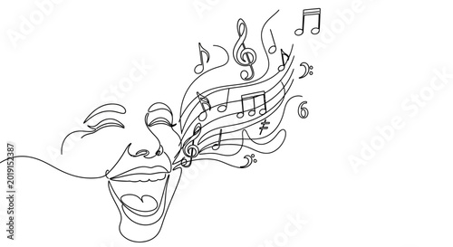 Obraz na płótnie Line Art Drawing of Woman Singing with Musical Notes Flowing Out