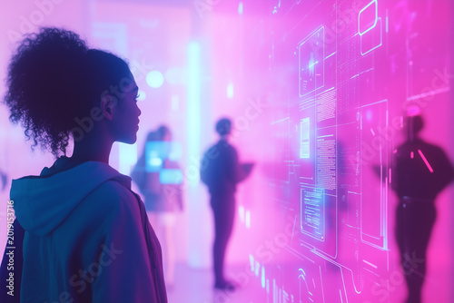 Woman interact with digital holographic artificial intelligence security power energy and public network lines for communication in smart city.