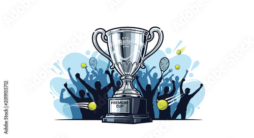 Tennis Championship Trophy with Cheering Crowd and Tennis Balls