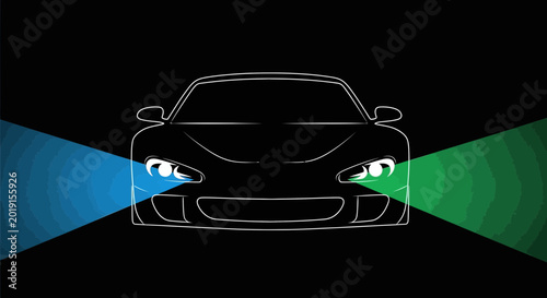 Modern car silhouette with headlights and bright lights displayed on black