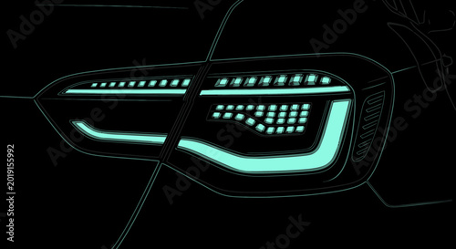 Modern car tail light design with bright led elements against a dark backdrop