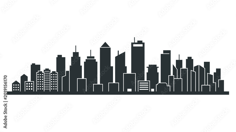 Obraz premium Silhouette of a modern urban city skyline in black and white