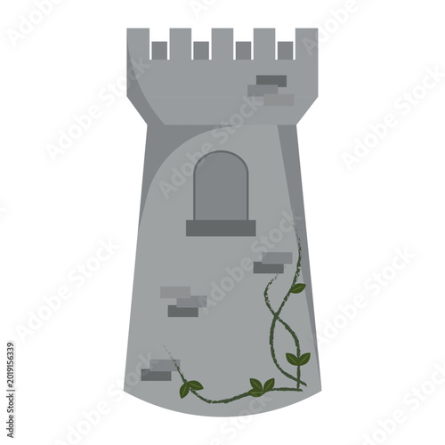 Medieval castle tower, with weeds growing on the walls and in shades of gray. For medieval, royal, and fairy tale themes.