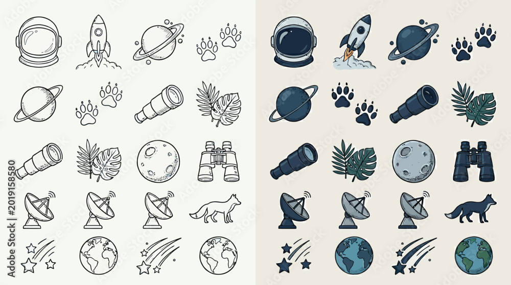 Fototapeta premium Collection of space and astronomy icons in outline and filled styles.