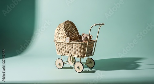 empty toy stroller placed in a minimal studio space