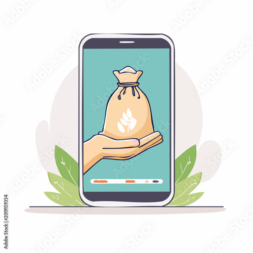 Mobile App Showing Hand Holding Bag of Grain