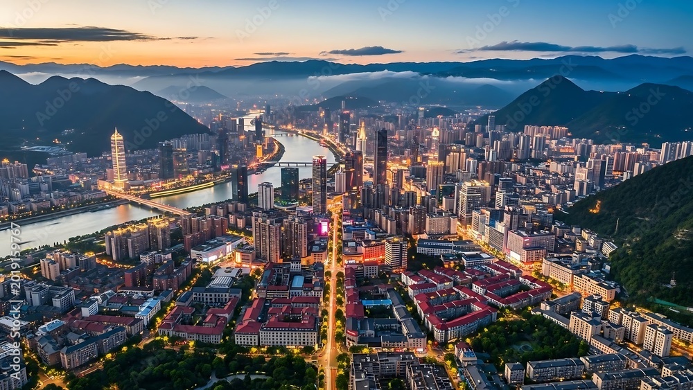 Obraz premium Aerial cityscape at dusk with mountains.