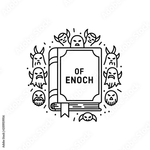 Ancient Book of Enoch Surrounded by Demonic Spirits Line Art