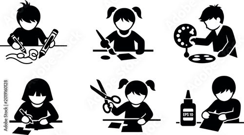 Konstfotografi “Black and white vector silhouettes of children engaged in creative art and craf