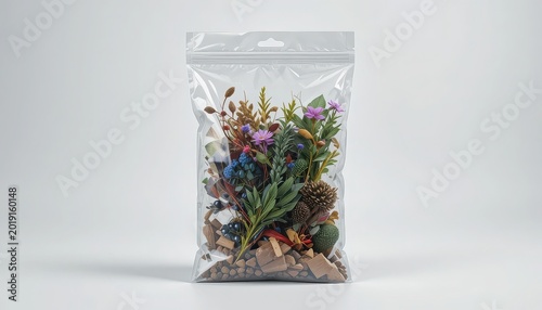 Dried flowers and herbs in a clear plastic bag on white background for craft or potpourri use