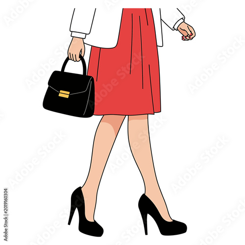 Woman in red skirt and black heels walking with handbag