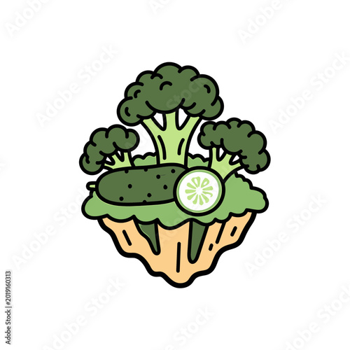 Floating Island with Fresh Broccoli Trees and Cucumber Slice