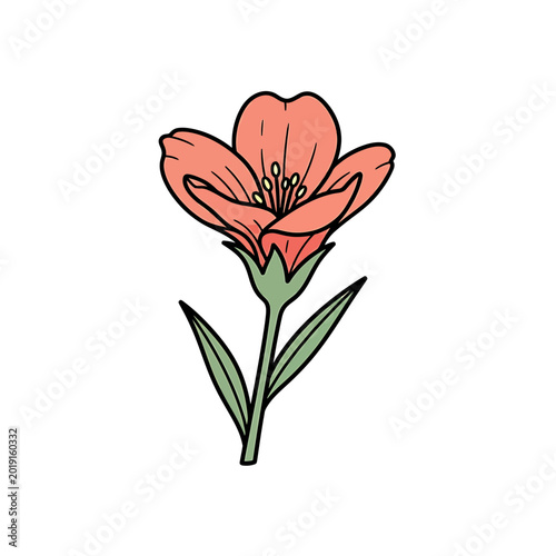 Simple Pink Flower Icon with Green Stem on White Background