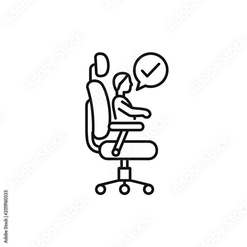 Person sitting in ergonomic office chair with checkmark icon