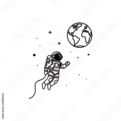 Astronaut Floating in Open Space Near Earth Planet Line Art