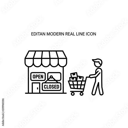 Shopfront with Open and Closed Signs and Person with Shopping Cart