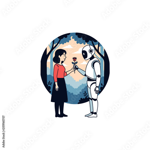 Humanoid robot offering a red rose to a woman in the forest