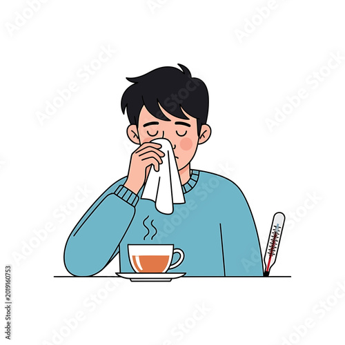 Man Suffering from Cold or Flu with Thermometer and Hot Tea