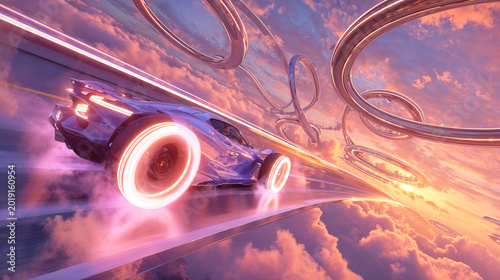 Futuristic race car speeding through a glowing track against a backdrop of surreal skies. The vehicle emits neon lights creating a vibrant atmosphere