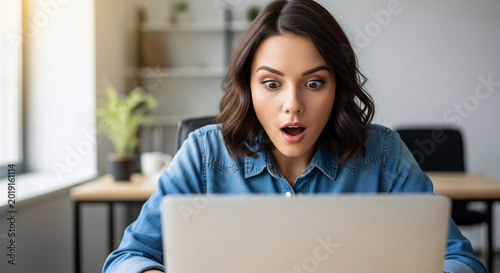 Amazed businesswoman reacting to laptop display perfect for unexpected emails and corporate communication surprises