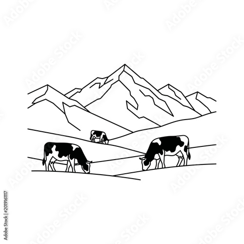 Cows grazing on a mountain pasture line art