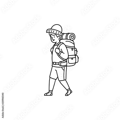 Young backpacker walking with hiking gear and sleeping mat