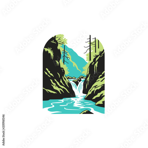 Mountain Waterfall and River Flowing Through Rocky Canyon
