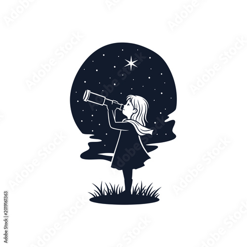 Girl looking through telescope at starry night sky