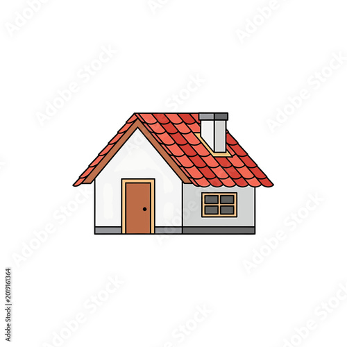 Small house with red tiled roof and chimney isolated on white